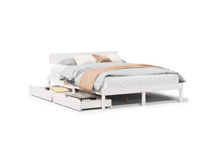 KTHLBRH Weißes Bett 160 x 200 cm Kiefer Massivholz Mit 2 Schubladen, Rollen, Lattenrost, ohne Matratze
