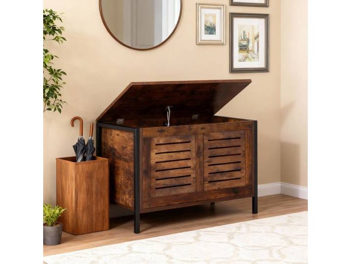 Coffre de rangement - Coffre bois 80 cm - Banc d'entrée 2-en-1 - Charnières anti-pincement - Vintage marron