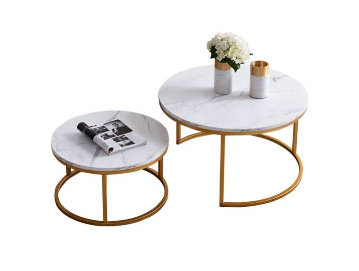 Table basse ronde - Bois Marbre et Pieds Métal - Table basse gigogne - D 80/60 cm x H 45/33 cm - Blanc
