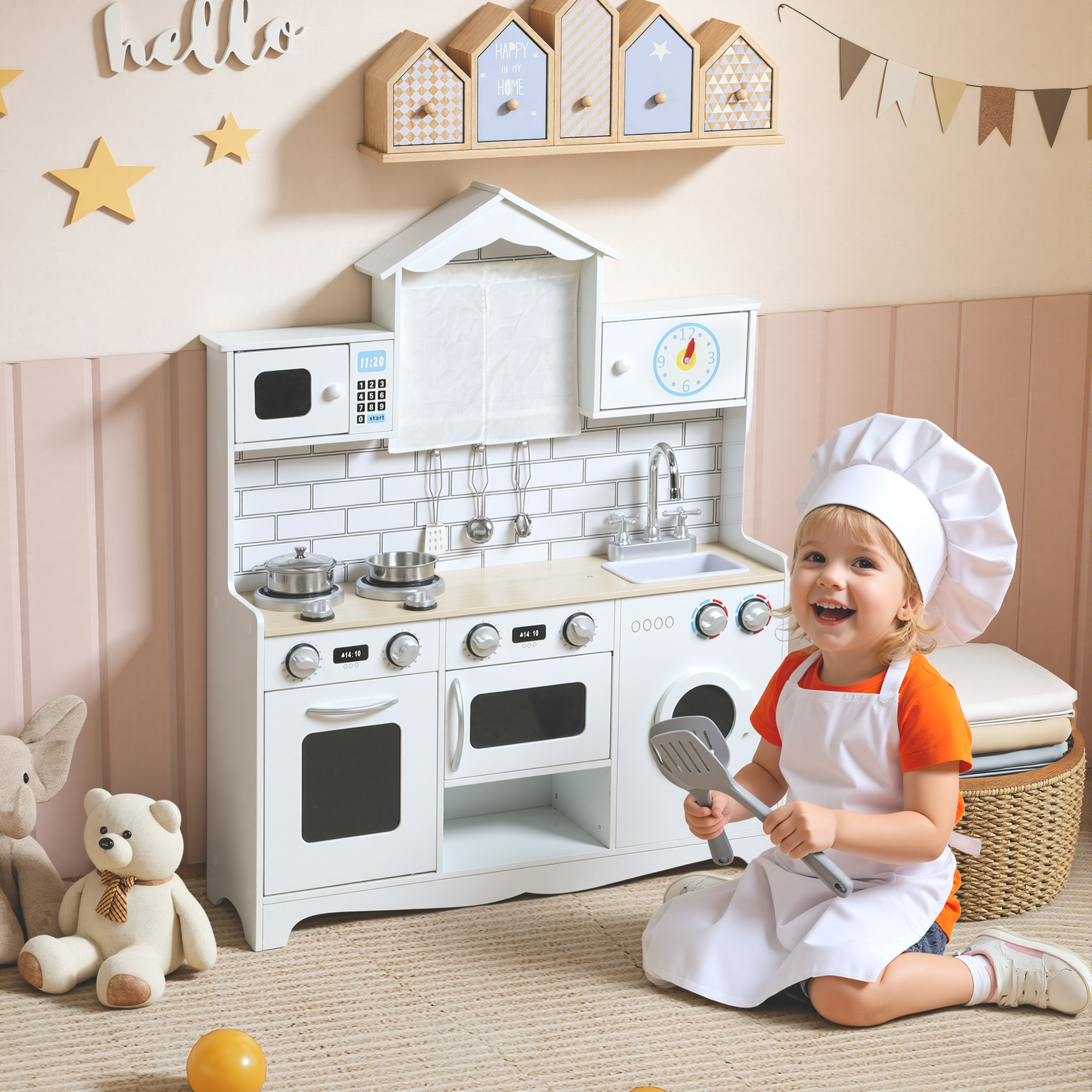 Aiyaplay Cucina Giocattolo per Bambini 3-6 Anni in Legno con Set di Accessori, Lavandino e Manopole con Suoni, Bianco   Aosom Italy