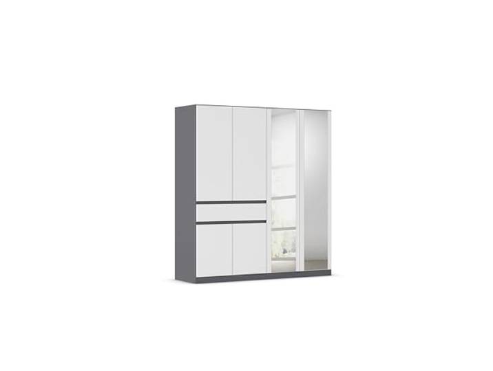 Rauch Möbel TÜBINGEN, Kleiderschrank, Weiß/Grau metallic, Breite 181 cm Schrank, Kinderkleiderschrank, 6-türig, Spiegel, 1 Schublade, Push-to-open, für Schlafzimmer, Kinderzimmer, Babyzimmer, Flur