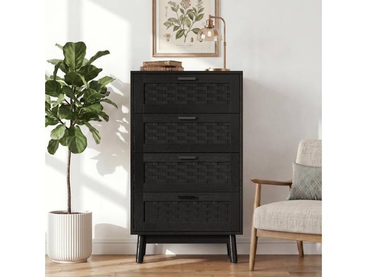 Chiffonnier avec 4 tiroirs en rotin Commode haute - Style scandinave - Commode étroite pour chambre Commode Noir 55x40x95 cm