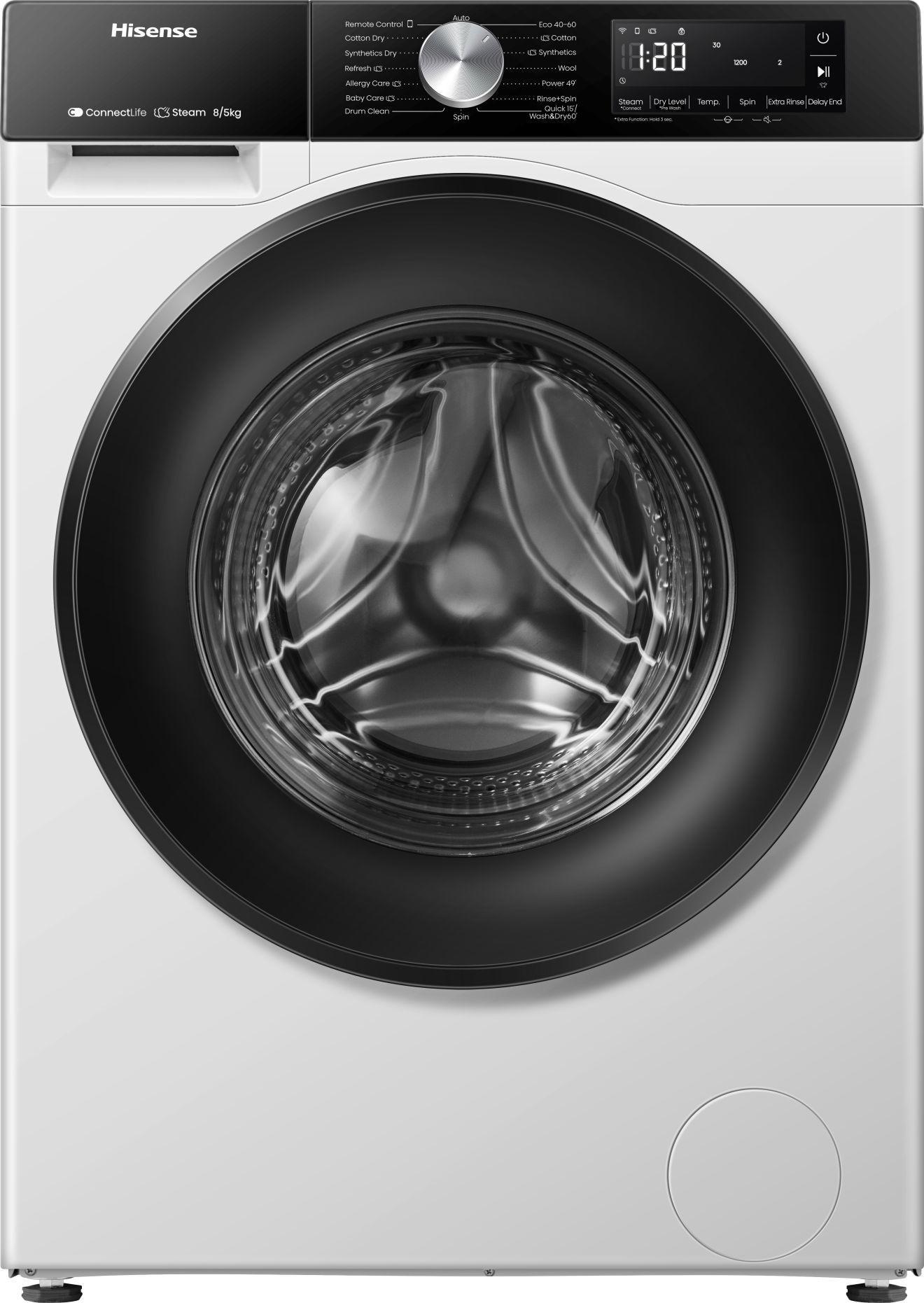Hisense Freistehend Waschtrockner, 8 kg, 1400 U/min., Frontlader, Freistehend, Weiß, Links, Grau, Tasten, Drehregler