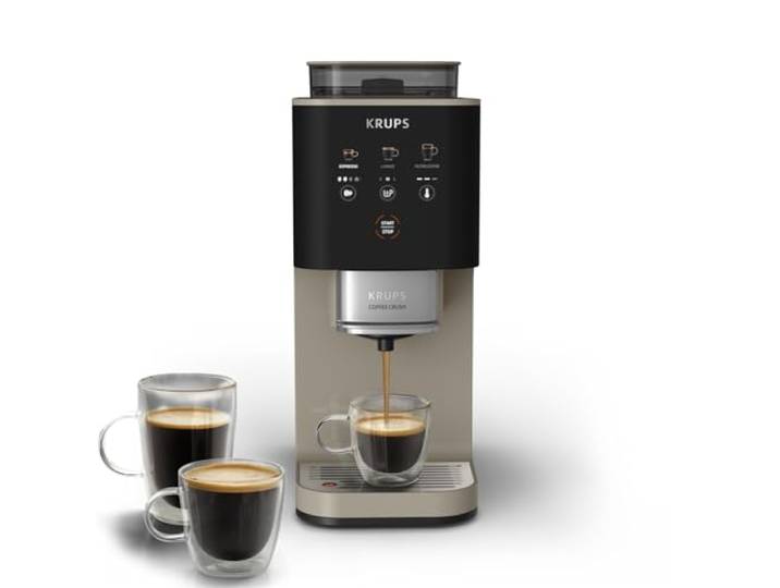 KRUPS Coffee Crush Extra Kaffeevollautomat, nur 15 cm breit, Beige Edelstahlmühle für frisch gemahlenen Kaffee, smartes Bedienfeld, auch für vorgemahlenen Kaffee, einfache Reinigung, SA402AE0