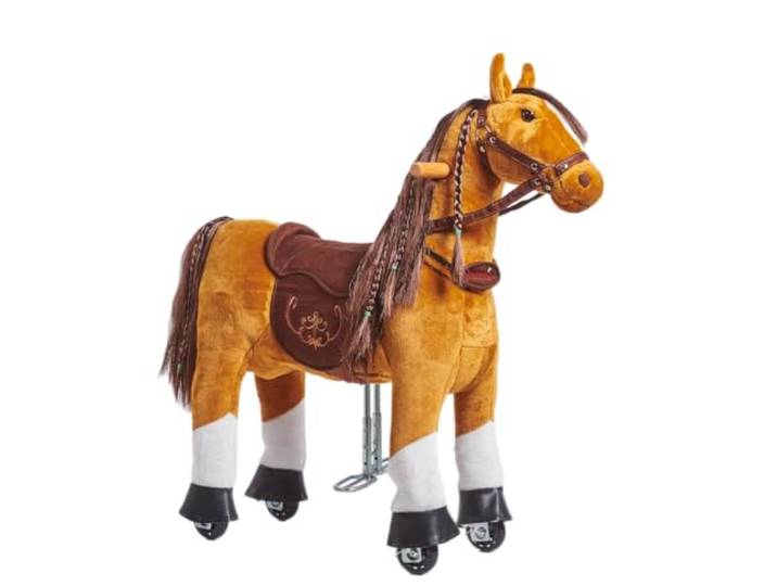 PONNIE Reitpferd mit Rollen Fancy S (3-6 Jahre), Spielpferd zum Reiten mit Abnehmbarer Braun Sattel und Halfter mit Zaumzeug, Kämmbare Mähne und Schwanz, Plüschpferd zum Reiten für Kinder