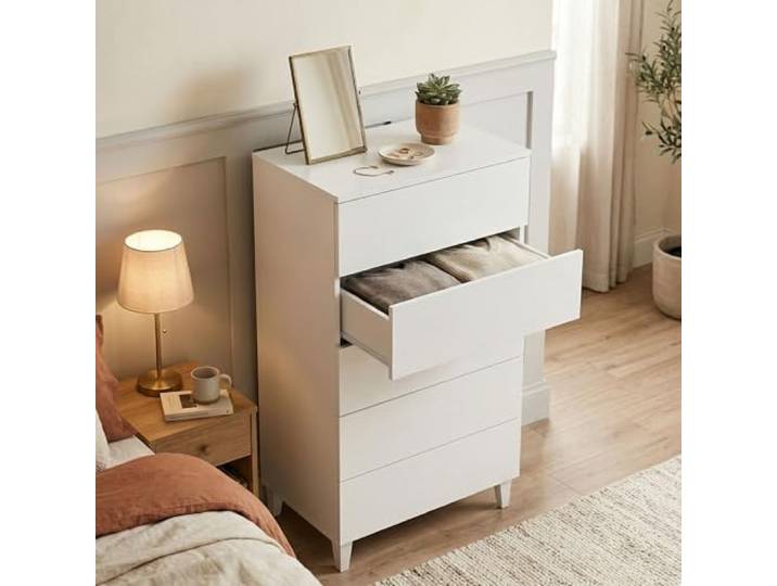 Dmora - Roseville Kommode, Kommode mit 5 Schubladen, Kommode für das Schlafzimmer, moderne Kommode, 61x40h117 cm, Weiß