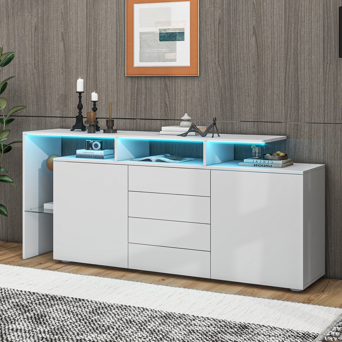REDOM Kast 160 cm Hoogglans Wit – Sideboard met LED, 2 deuren, 4 lades en glazen vak