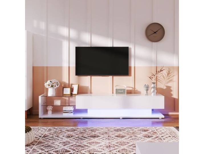 LPOSPI Meuble tv moderne avec cloisons vitrées et éclairage led structure mdf finition brillante longueur 170 cm - blanc