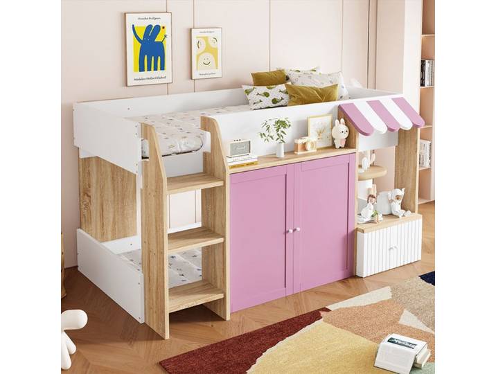 lit mezzanine enfant 90x200 cm Lit enfant lit cabane avec rangement ouvert avec échelle d'escalade blanc + rose