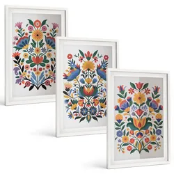 BILDER SET 3er Set - 40x60 cm Weißer Rahmen - Blumenmuster in intensiven Farben