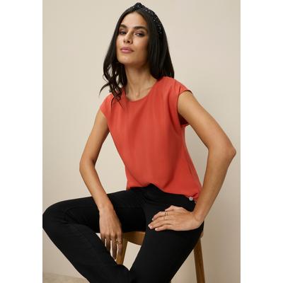 Shirtbluse TAMARIS "aus fließender Viskose-Qualität", Damen, Gr. 44, rot (rostrot), Web, Obermaterial: 100% Viskose, unifarben, figurumspielend hüftbedeckend, Rundhals, Blusen, luftig, leicht für den Sommer