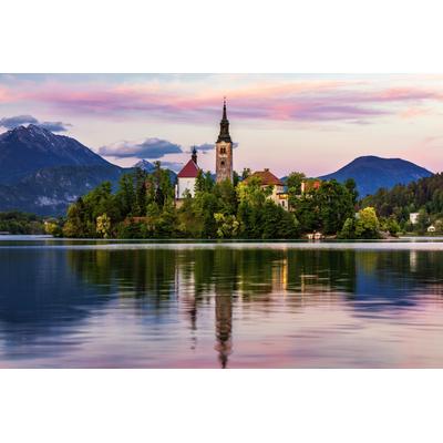 Fototapete PAPERMOON "BASILIKA SANTA MARIA-SEE GEBIRGE SLOWENIEN INSEL BERGE", bunt, B:3m L:2,23m, Vlies, Tapeten