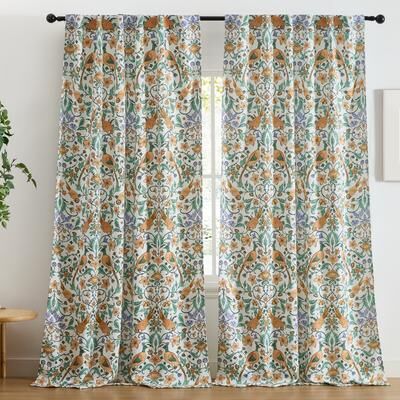 HLC.ME Florence Floral & Birds Window Back Tab Rod Pocket Curtains - Light Blocking Darkening Window Panels, Set of 2