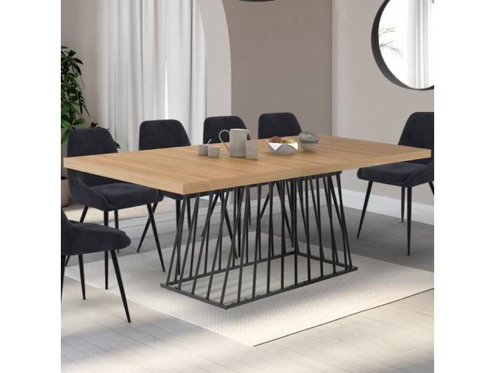 IDMARKET Table à manger extensible rectangle YUNA 6-10 personnes plateau bois et pied filaire en métal noir 160 - 200 cm