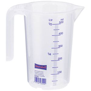 Hünersdorff Messbecher 935500, aus Kunststoff, mit ml / Liter Skala, hitzebeständig, 0,5 Liter