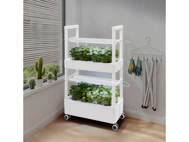 Chariot hydroponique à 2 couches et 28 trous avec lumière, Kit de culture hydroponique Standard européenne avec lumières de croissance pour la culture de légumes feuilletés, Etc.