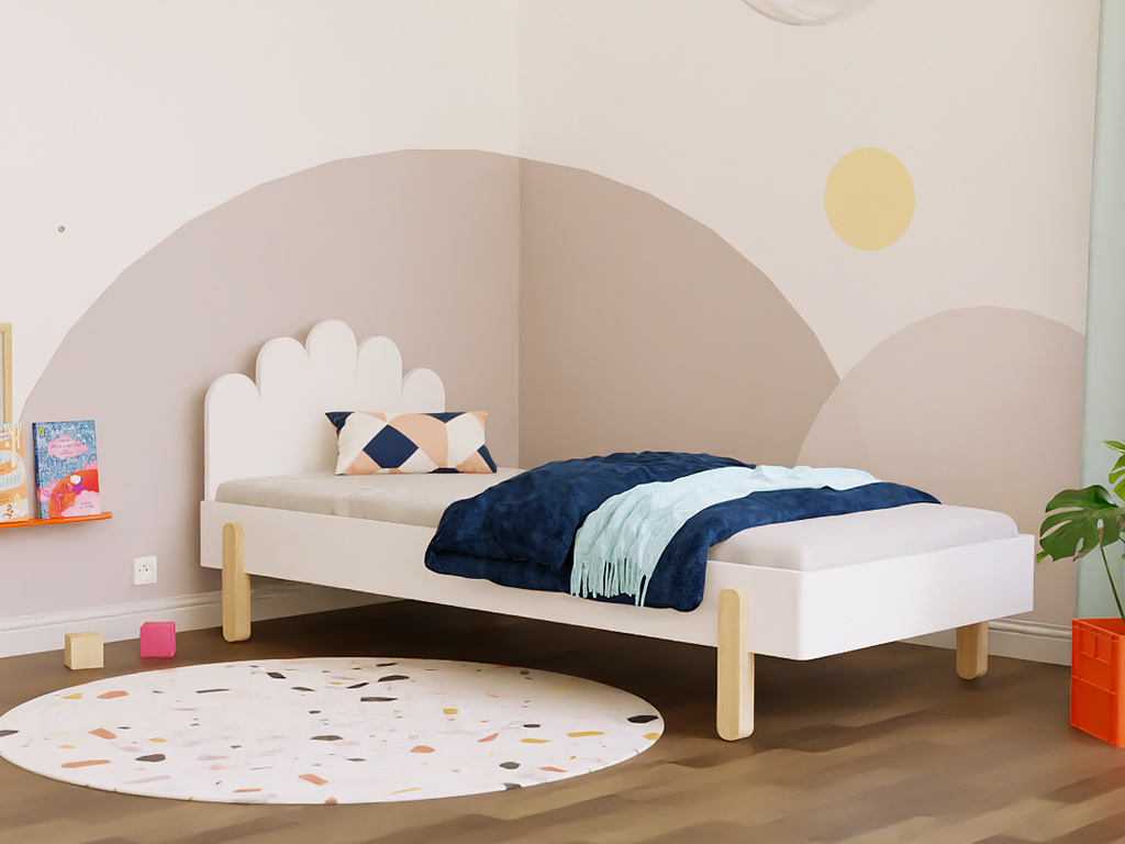 Einzelbett NOVA mit gebogenem Kopfteil 90x200 cm Weiß, Gerade Beine, Mit der Barriere