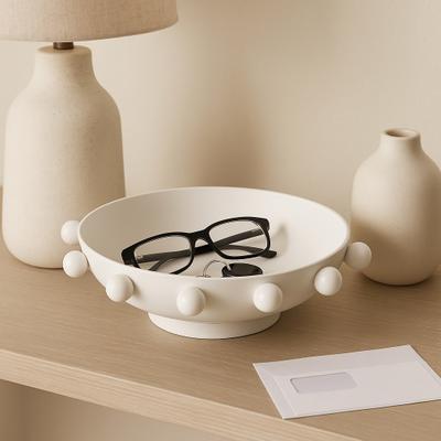 Sagebrook Home "Decorative Round Metal Bowl with Beaded Rim - Home Decor - 11"", White - 11.0"""
