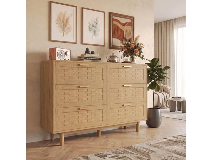 Commode 6-Tiroirs Rotin Commode Chambre Meuble de Rangement avec Tissage en Rotin Armoire à tiroirs pour Chambre Bureau Entrée