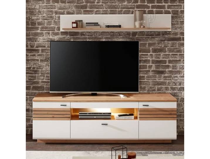 Wohnwand TV-Wand weiß mit Eiche 2-teilig modern, 1 Lowboard, 1 Wandboard