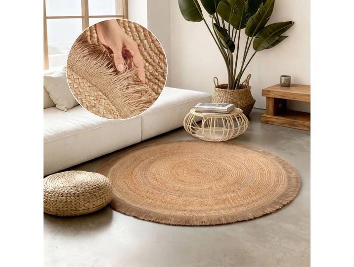 Teppich HANSE HOME Nuru , braun (natur, gold), H:7mm Ø:200cm, Jute, Teppiche, Teppich, Jute, Handgemacht, Rund, Fransen, Wohnzimmerteppich, Naturteppich