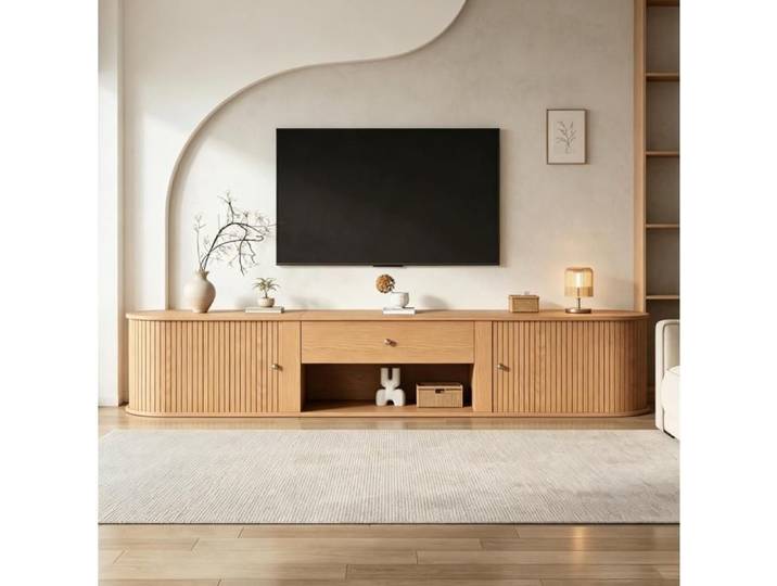 Modenuit Meuble TV 180 cm 2 portes 1 tiroir niche ouverte bois naturel