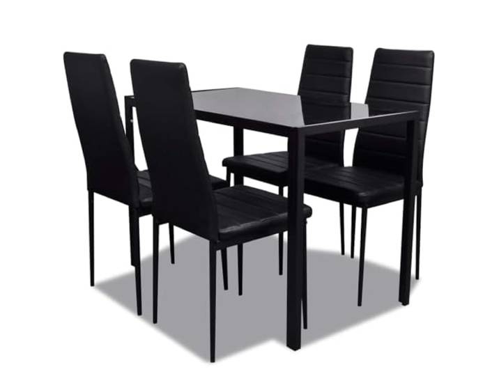 Esszimmer Set 5 Teilig Hartglas Tisch Schwarz Kunstleder, Bequemer Sitz, 1 Tisch und 4 Stühle, einfache Reinigung