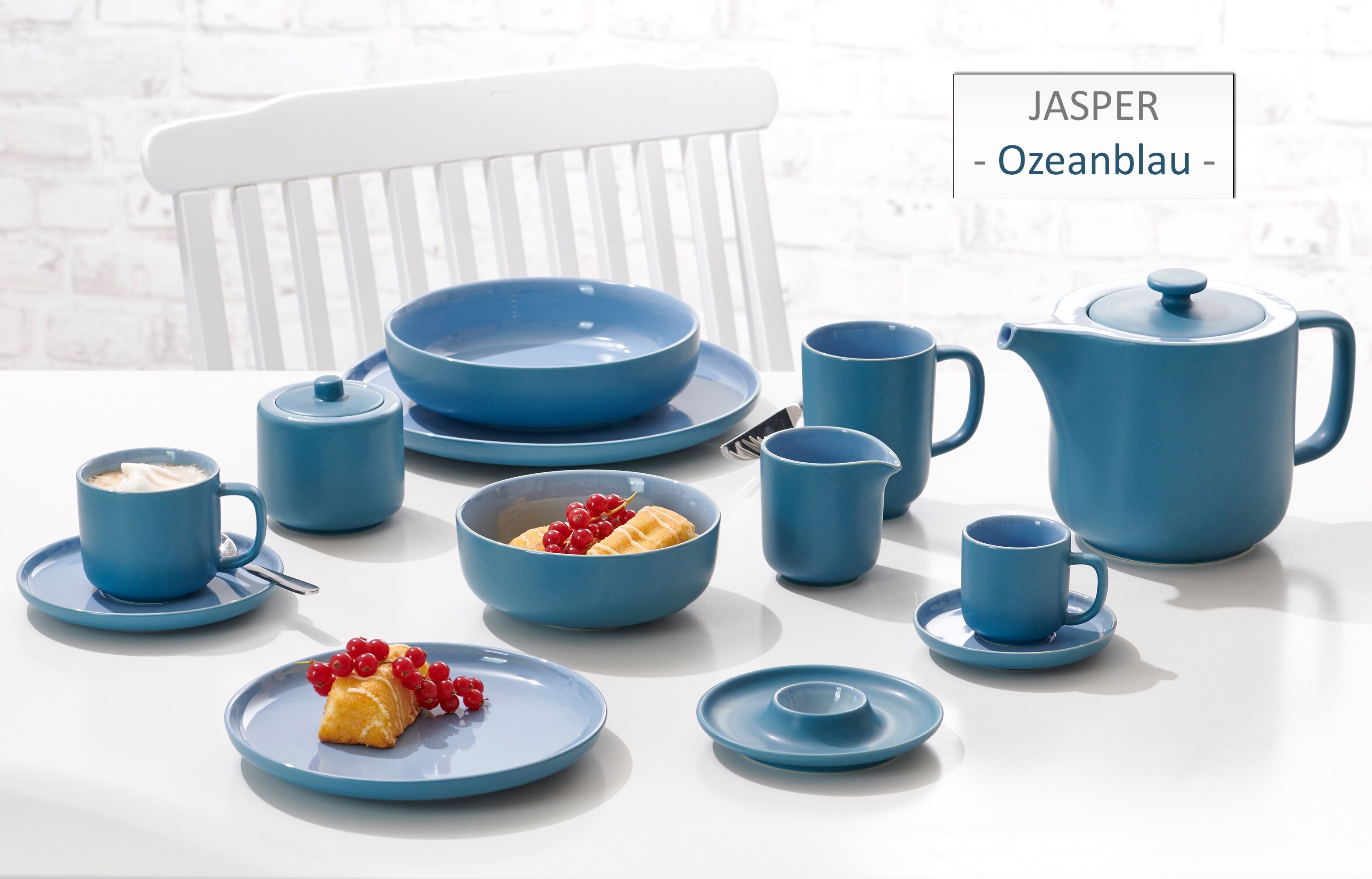 Kombiservice RITZENHOFF & BREKER "Geschirr-Set, Service Jasper", blau (aquablau), 16 Stk., Steinzeug, Geschirr-Sets, Kombiservice, im Scandic Style, 16 Teile, für 4 Personen aquablau 16 Stk.