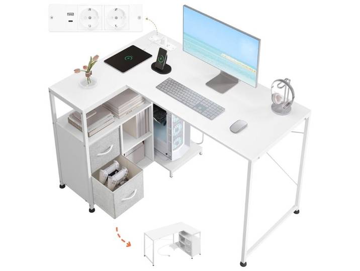 Bureau Forme L - WOLTU Table d'Ordinateur - avec Prises et USB-A Typ-C - 120x80x76cm - Blanc