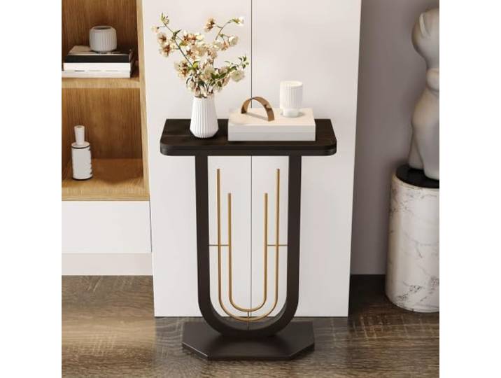 YTSJXN Moderner Konsolentisch schmal, Beistelltisch Flur, U-Gestell Metall Flurtisch Schmal, Moderne Sofatisch, Sintersteinplatte, Stabile Eisenrahmen, Platzsparendes U-Design(Nero,40X30X75CM)