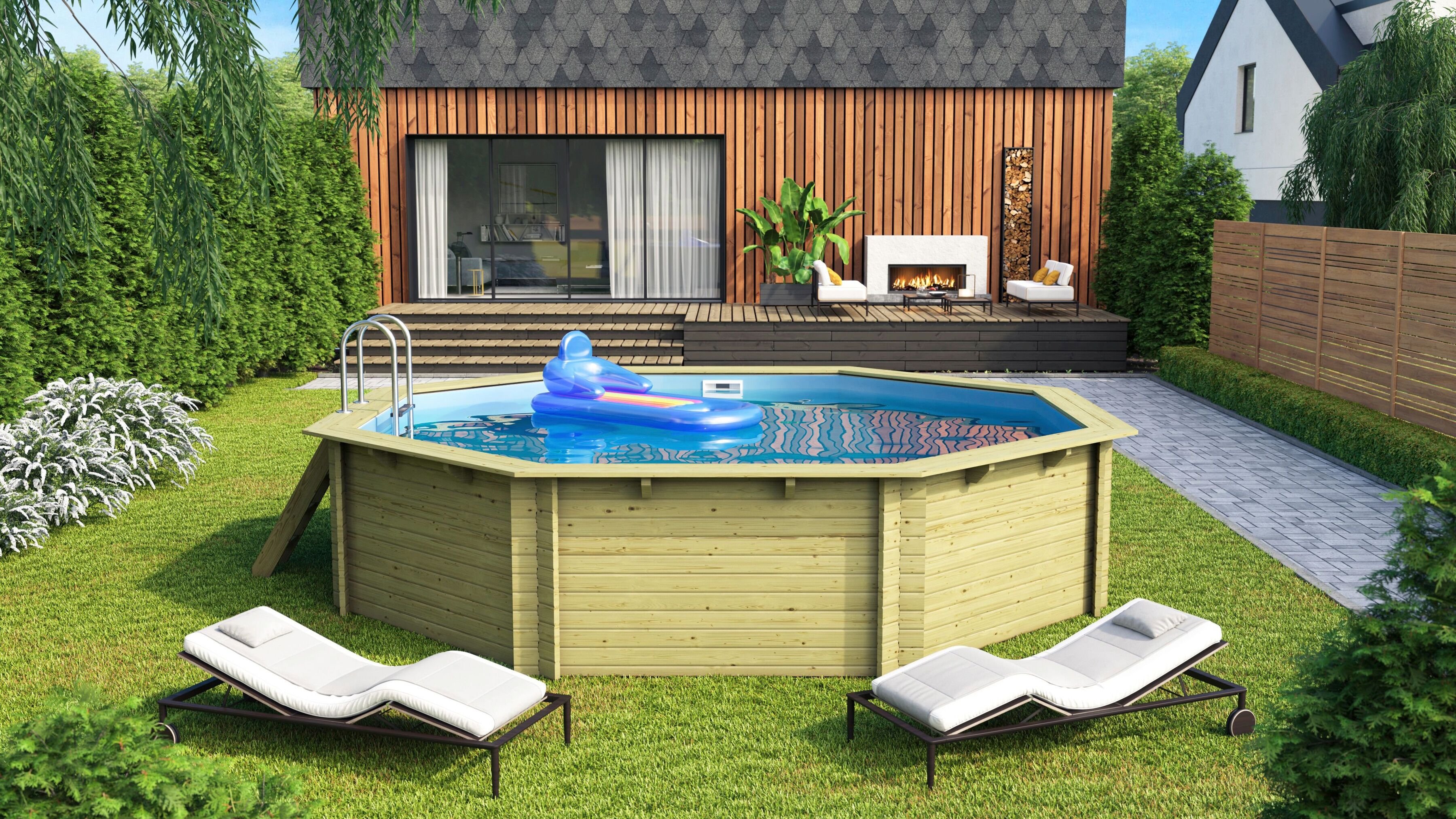 Achteckpool KARIBU "PALERMO Set B BxLxH: 547x547x124 cm", beige (braun), B:547cm H:124cm L:547cm Ø:592cm, Schwimmbecken, Achteckpool, 38 mm starke kesseldruckimprägnierte Holzbohlen aus Fichtenholz