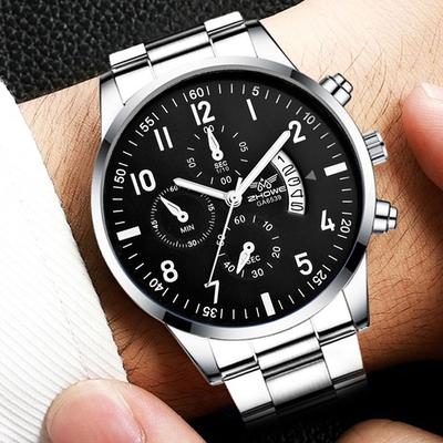 Friendly Fresh Finds Mens Luxury Steel Belt Watch Fashion Business Calendar Watch, Ideal Christmas & Valentine's Day Gift silver Black