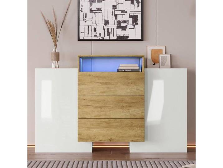 Buffet LED 140 cm Commode blanche avec imitation bois buffet de rangement avec deux portes et trois tiroirs armoire polyvalente