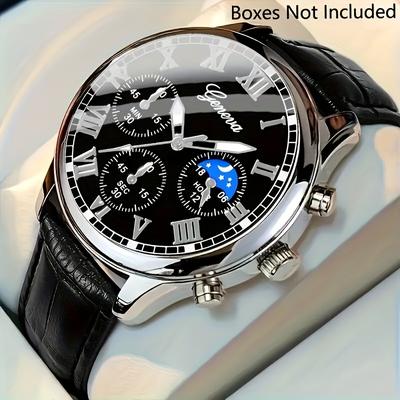 Market Central Mens Business Casual Quartz Watch With PU Leather Strap Fashion Wristwatch 1pc.hs