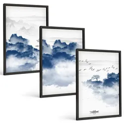BILDER SET 3er Set - 40x60 cm Schwarzer Rahmen - Berge, Wolken, Bäume, Vögel