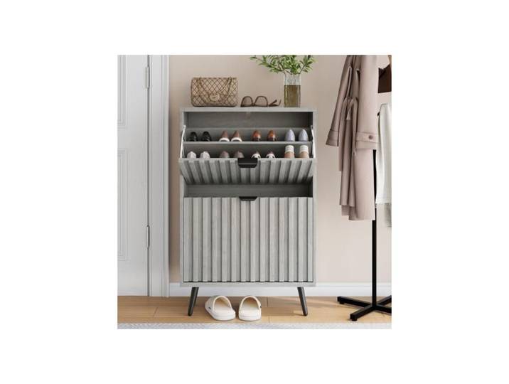 Meuble à chaussures avec 2 tiroirs rabattables armoire de rangement à chaussures cachée de 60cm avec design rainuré pour entrée