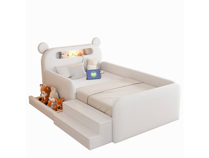 Flieks Kinder Polsterbett 90x200 Bär Kopfteil USB Stauraum Nachtlicht Weiß, 90x200 cm, Schlafzimmer, Betten
