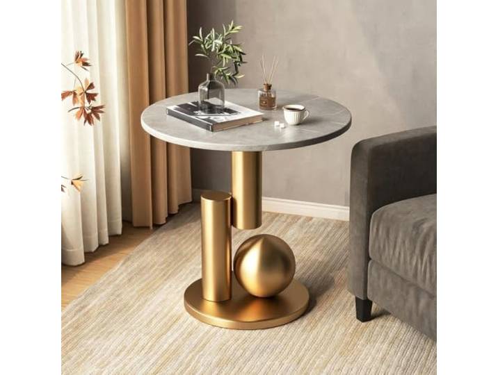 Beistelltisch rund Sinterstein Akzenttisch 3 Größen 2 Farben Künstlerischer Nachttisch mit Metallgestell für Schlafzimmer Balkon kleiner Raum(G,45cm/17.7in)
