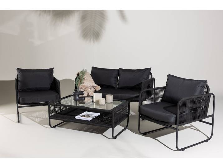 Garten Loungeset Kim - mit Rückenlehne aus Polyesterseil - Schwarz - Luxusbetten24