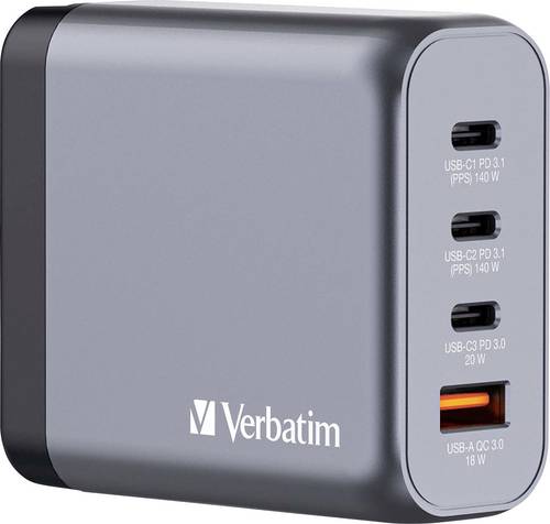 Verbatim GNC-140 GaN Reiseladeadapter 140W 1x USB-A, 3x USB-C USB PD, QC 3.0, USB PD 3.1 Grau GaN, mit Europa-Adapter, mit