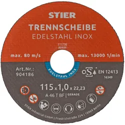 Stier, Sägeblatt, Trennscheibe / Flexscheibe 115 x 1,0 x 22,23 mm gerade Inox / Edelstahl