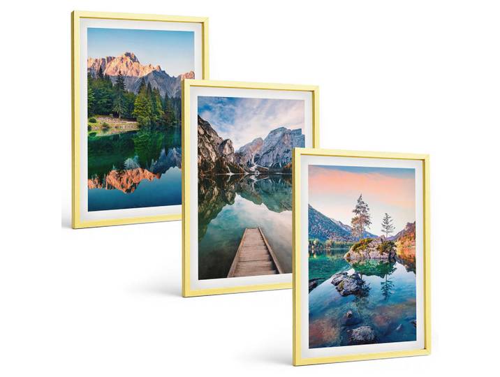 Tulup Bilder SET 3er Set - 40x60 cm Goldrahmen - Spiegelung des Waldes in Bergseen, Goldfarben, Kunststoff, Rechteckig, 40x60 cm, Fotografie, Bilder & Rahmen, Bilder