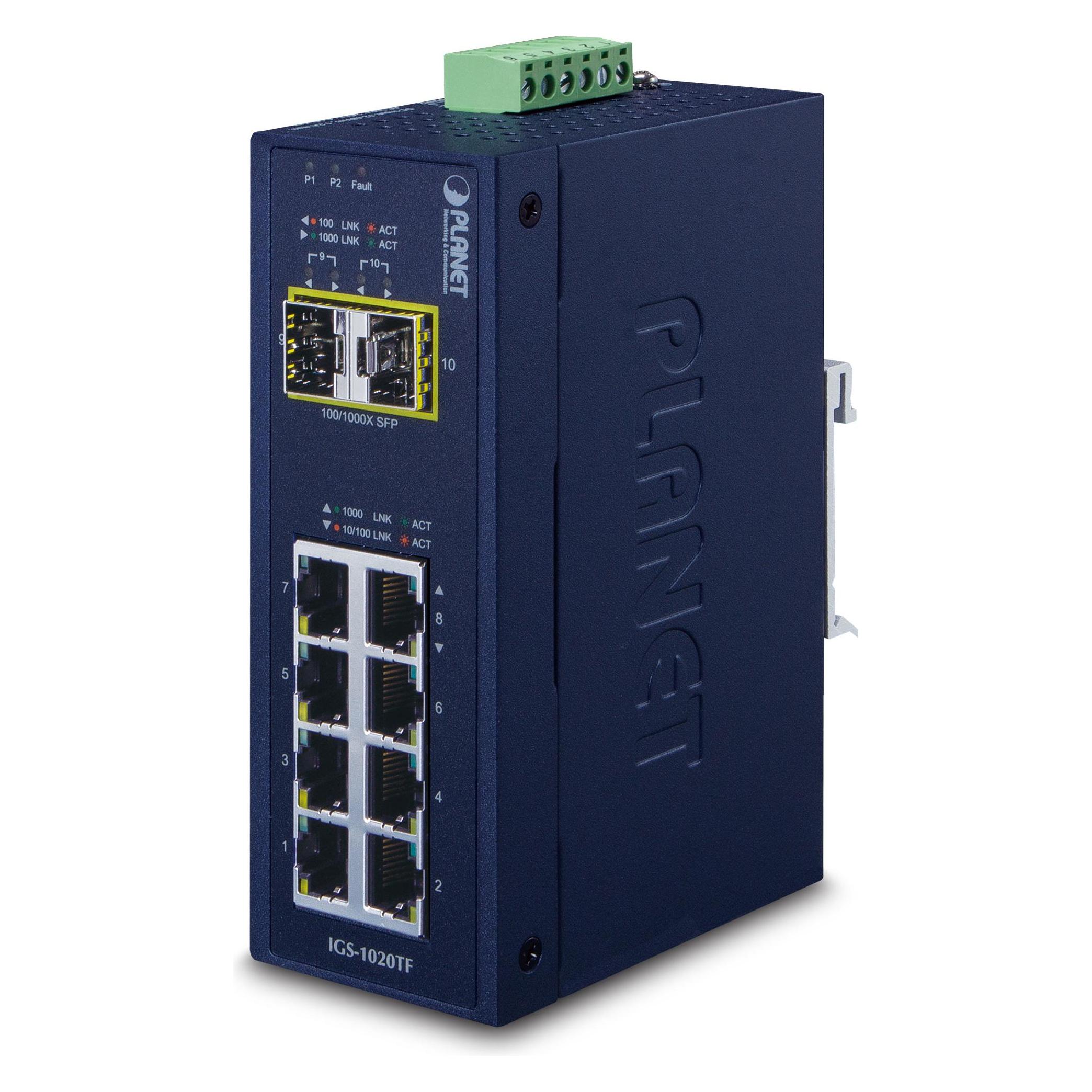 Planet IP30 Industrial 8-Port 10/100/1000T 2-Port 100/1000X SFP Ethernet Switch (8 Ports) (IGS-1020TF)