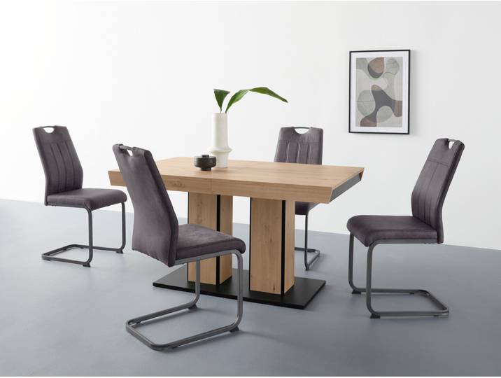 Essgruppe HELA Tisch ausziehbar 140 -220 cm , braun (braun, anthrazit, grau), Microfaser Polyester, Synchron-Auszug, Holzwerkstoff, Metall, Polyester, Sitzmöbel-Sets, Essgruppe, Belastbarkeit 140 KG, bequem gepolstert mit Griff