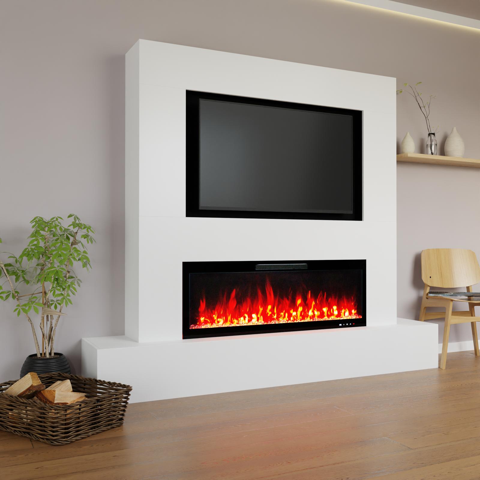 Glow Fire Fernsehwand mit Kamin 'Inside 126'| Cinewall mit Elektrokamin in weiss mit Heizung (1500 W) | BxHxT: 282,6x177x41,8 cm