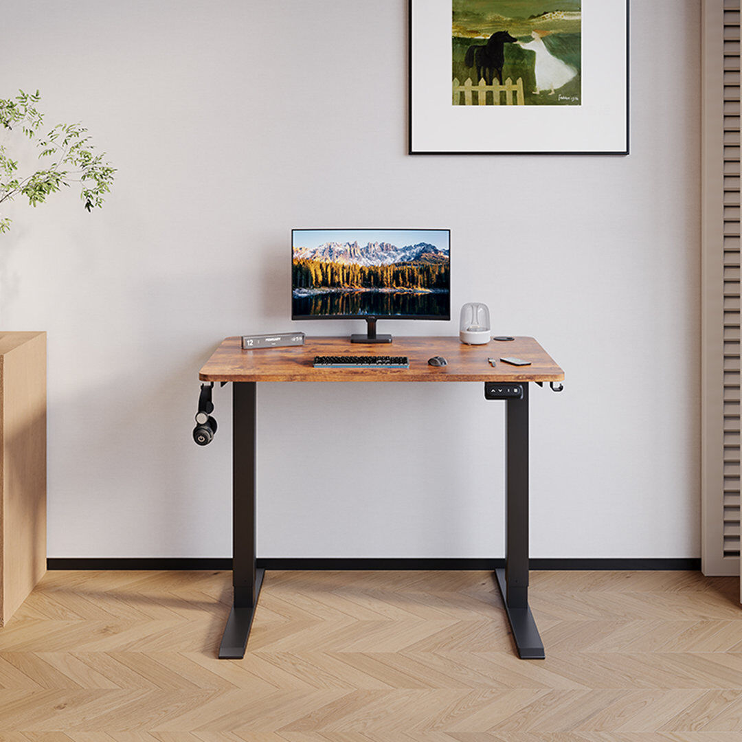 Zipcode Design Hieronymus Electric Adjustable T-Shape Standing Desk Home Desk With Backpack Hook And Memory Smart Pannel Brown 100cm W x 60cm D