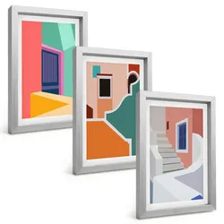 BILDER SET 3er Set - 20x30 cm Silberner Rahmen - Farbenfrohe Illustrationen von Gebäuden