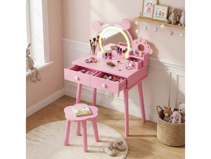 Coiffeuse enfant - LUNSY - Miroir en forme d'ours - Tabouret fleuri - Lumières LED tactiles 3 couleurs