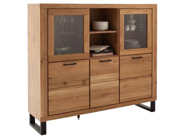 Lomadox Wohnzimmer Highboard Vitrinenschrank mit 159 cm Breite in Eiche teilmassiv, mit 2 Glastüren, 3 Holztüren & 2 offenen Fächern, Echtholz/Massivholz-Fronten, geölt