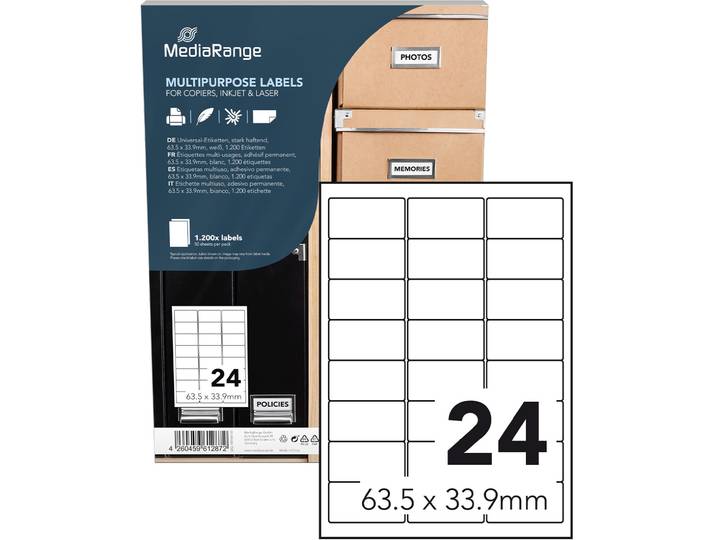 Universal-Klebe-Etiketten, stark haftend, 63.5 x 33.9 mm, 50 Blatt / 1200 Etiketten weiss